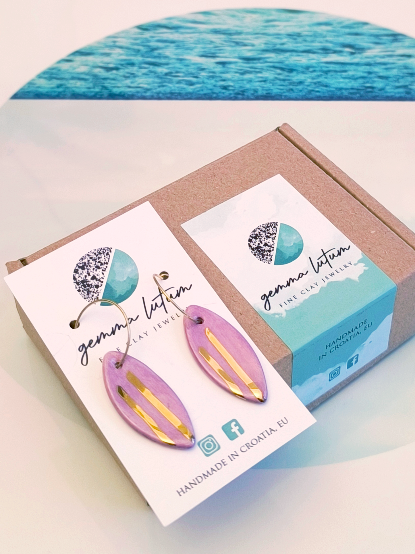 MARQUISE SHAPED ceramic dangle earrings, PURPLE & GOLD