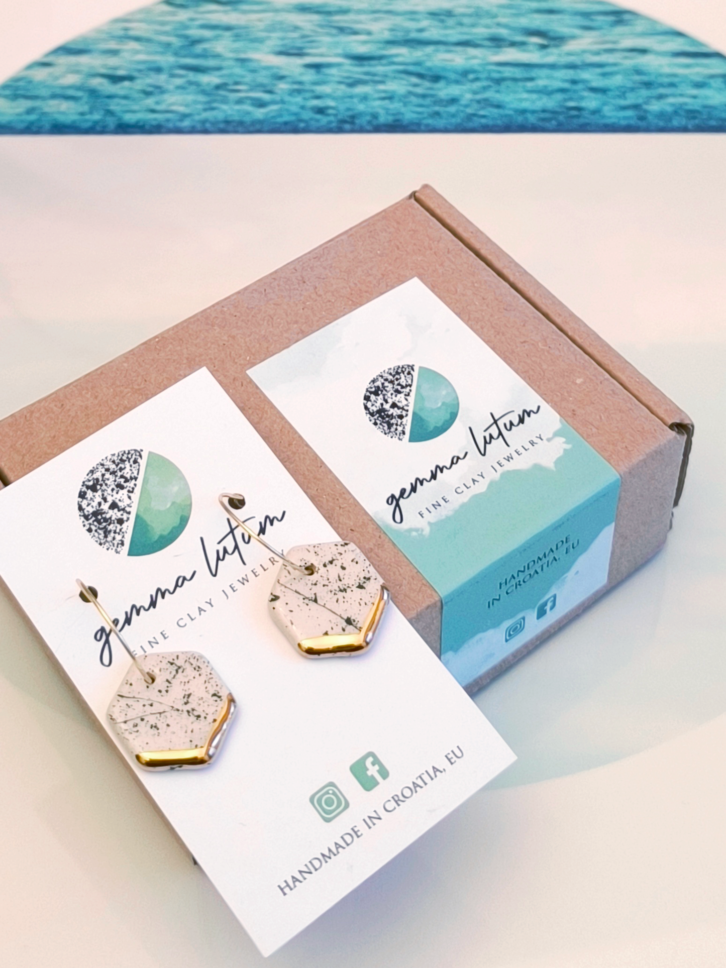 HEXAGON SHAPED ceramic dangle earrings, WHITE & GOLD