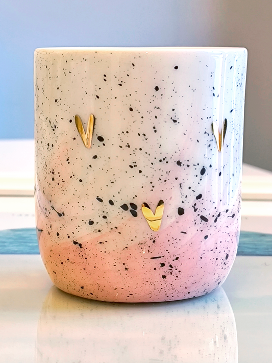 CERAMIC CUP, pink with gold hearts, 200ml